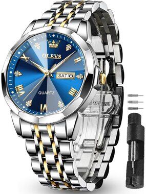 Men's Blue Silver Diamond Stainless Steel Waterproof Roman Numbers Classic Watch